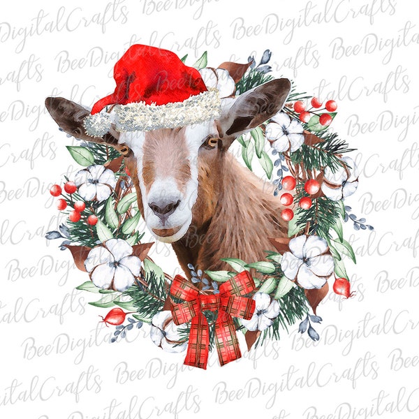 Christmas goat PNG download Farm animal with flower wreath sublimation design Watercolor printable transfer
