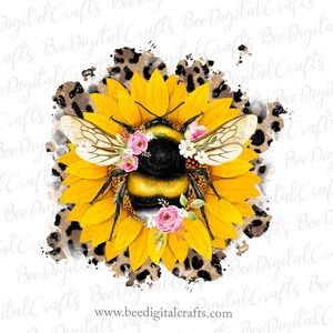 Honey bee flower PNG download Sunflower bumble bee sublimation design Leopard print floral printable transfer