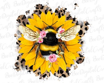 Honigbiene Blume PNG download Sonnenblume Hummel Sublimationsdesign Leopardendruck floral druckbare Übertragung