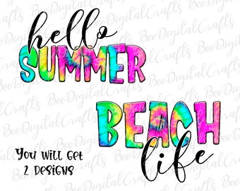 Hello summer PNG download Beach life sublimation design, Tie dye printable transfer, digital prints