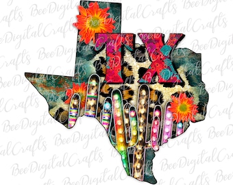 Texas cheetah rustic sublimation design Cactus flower PNG download USA state map printable transfer