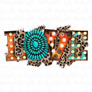 May include: A turquoise and brown graphic design with the word "LOVE" in a vintage style with light bulbs. The letters are on a leopard print background.