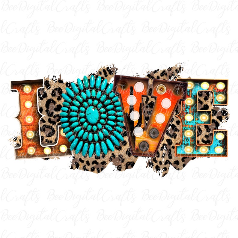 May include: A turquoise and brown graphic design with the word "LOVE" in a vintage style with light bulbs. The letters are on a leopard print background.