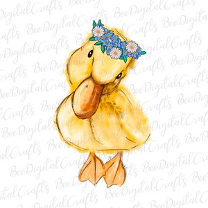 Watercolor duck PNG download Cute animal with flower sublimation design Hand drawn printable transfer