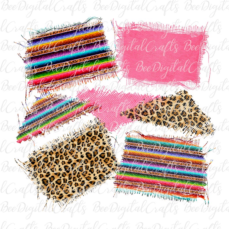 May include: Six digital paper scraps with frayed edges. The scraps feature a pink solid color, a leopard print, and a colorful striped pattern.