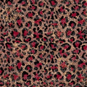 May include: A seamless pattern featuring a leopard print with red and gold glitter. The background is a light brown color.