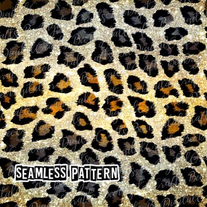 May include: A seamless pattern featuring a leopard print design with gold glitter. The background is a light gold color and the spots are a dark brown color. The text "SEAMLESS PATTERN" is printed in black letters on a white background.