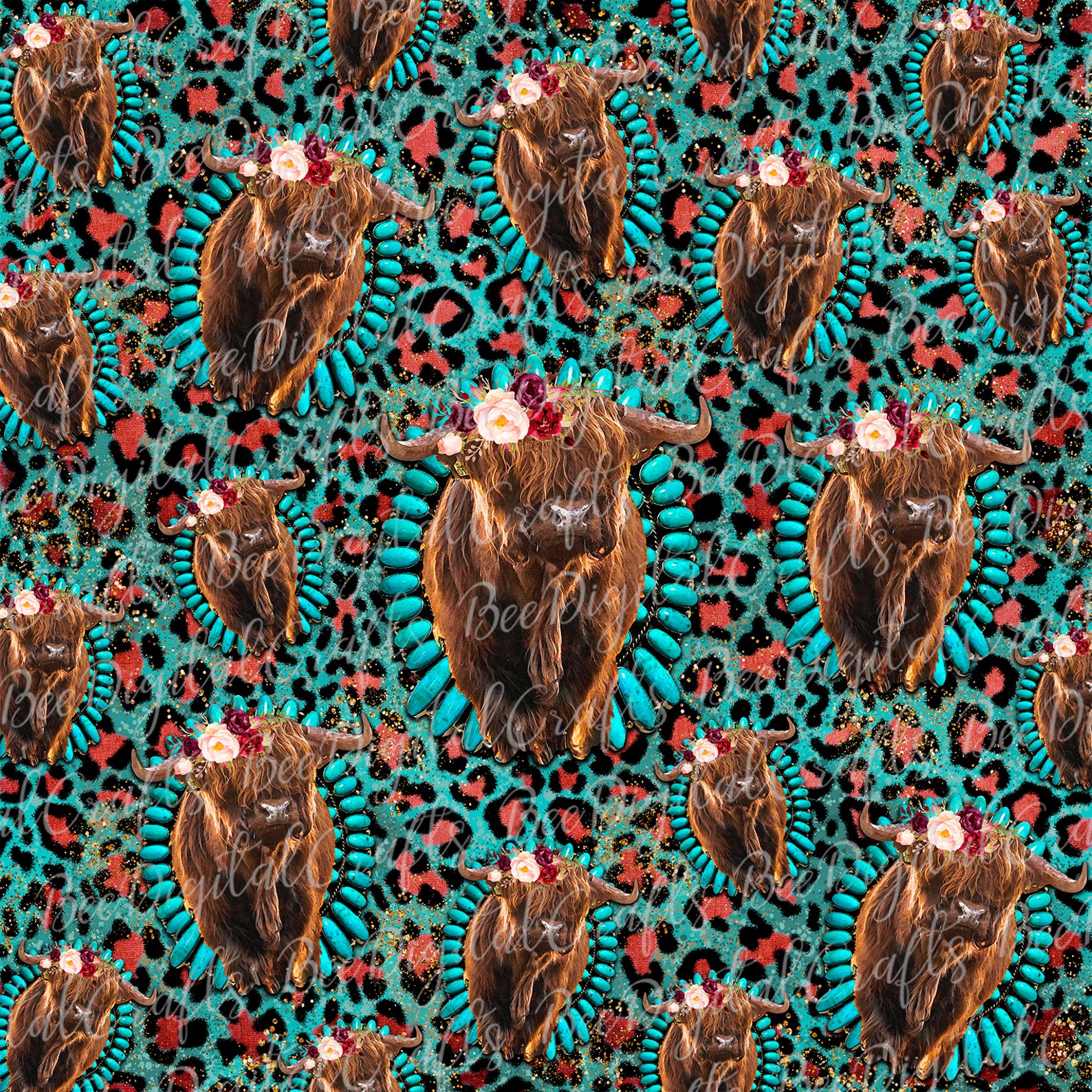 Highland cow and turquoise background leopard print png file  etsy