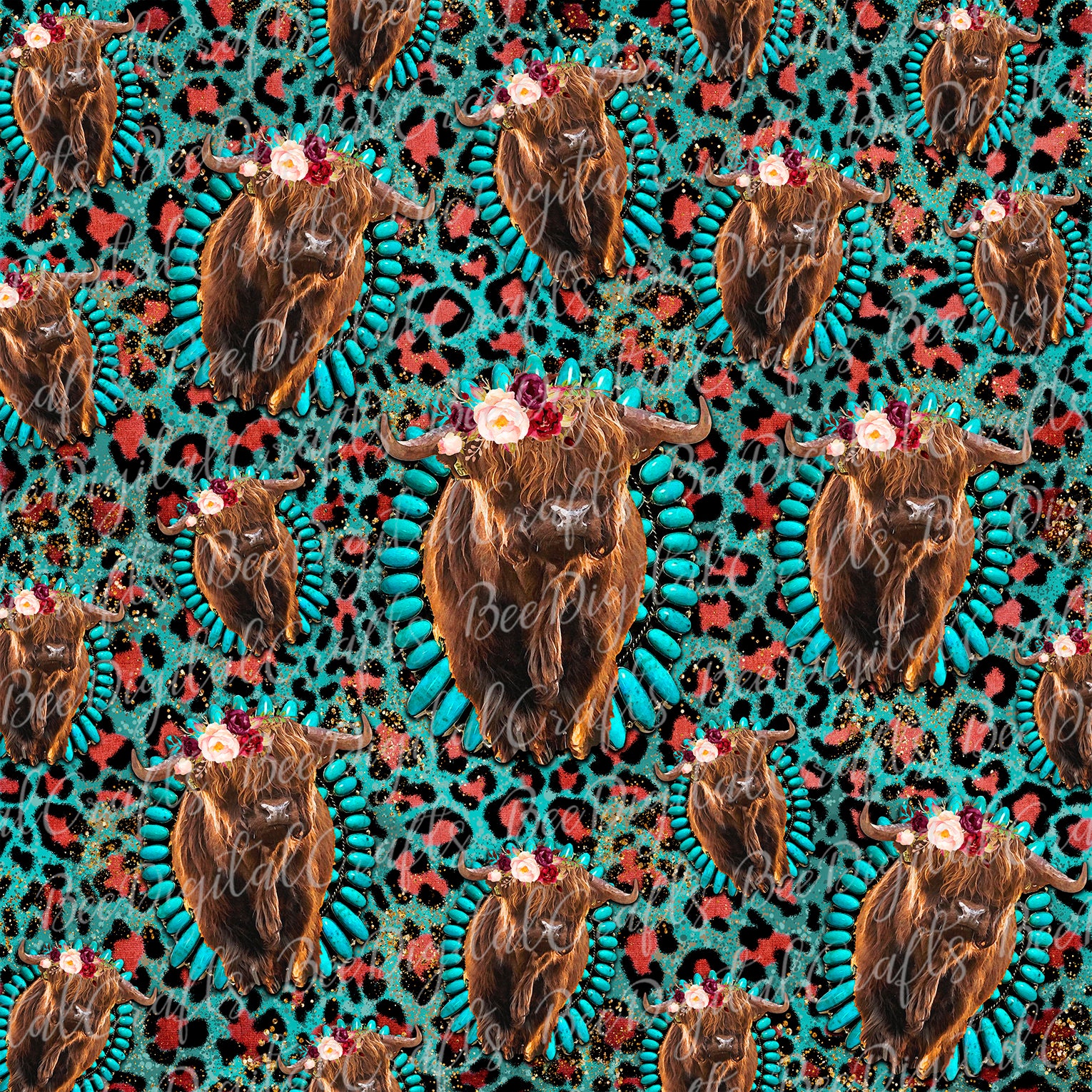 Highland cow and turquoise background Leopard print PNG file | Etsy