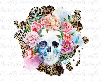 Floral skull PNG downloads Watercolor flowers t-shirt digital design Leopard sublimation graphics