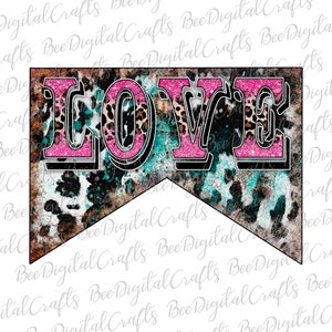 Western love PNG download Rustic cowhide and leopard sublimation design Cheetah glitter love printable transfer