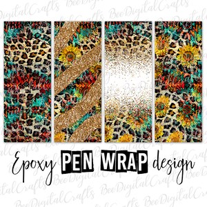 Könnte beinhalten: Drei digitale Designs für Stiftverpackungen. Die Designs zeigen einen Leopardenprint, Sonnenblumen und goldenen Glitzer. Die Designs sind perfekt, um Ihren Stiften eine persönliche Note zu verleihen.