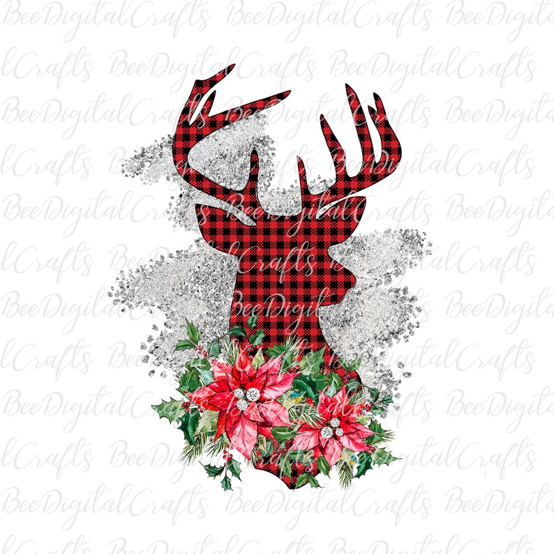May include: Red and black buffalo plaid reindeer silhouette with a silver glitter background and a red poinsettia floral arrangement.