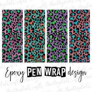 Könnte beinhalten: Vier digitale Designs mit einem Leopardenmuster mit rosa, grünen und blauen Glitzerakzenten. Die Designs sind mit "Epoxy PEN WRAP design" beschriftet.