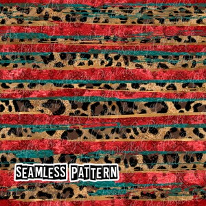 May include: Seamless pattern featuring a leopard print background with red, gold, and teal stripes. The text "SEAMLESS PATTERN" is visible in the lower center of the image.