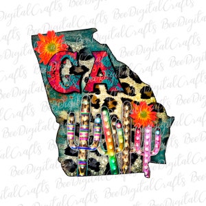 Georgien Gepard rustikale Sublimation Design Kaktus Blume PNG herunterladen USA Zustand Karte druckbare Transfer