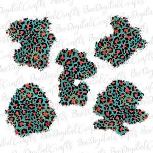 May include: Five abstract shapes with a teal, pink, and black leopard print pattern. The shapes are outlined in gold glitter.