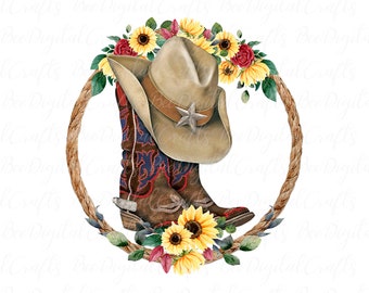 May include: A watercolor illustration of a cowboy hat and boots with sunflowers and red flowers in a rope circle.