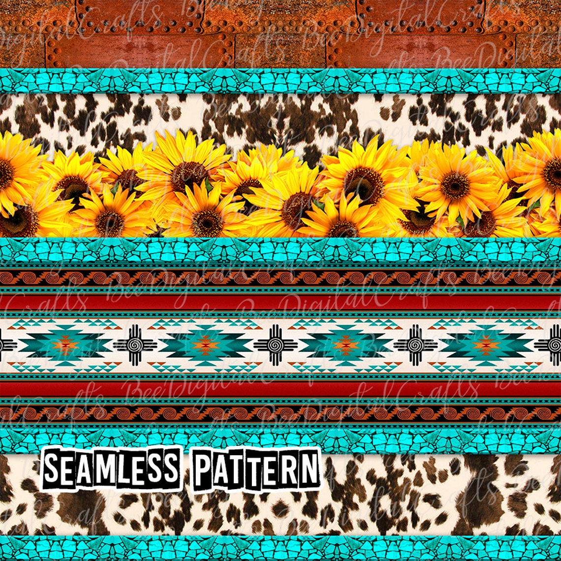 SEAMLESS pattern cowhide sunflower Western rustic digital Etsy