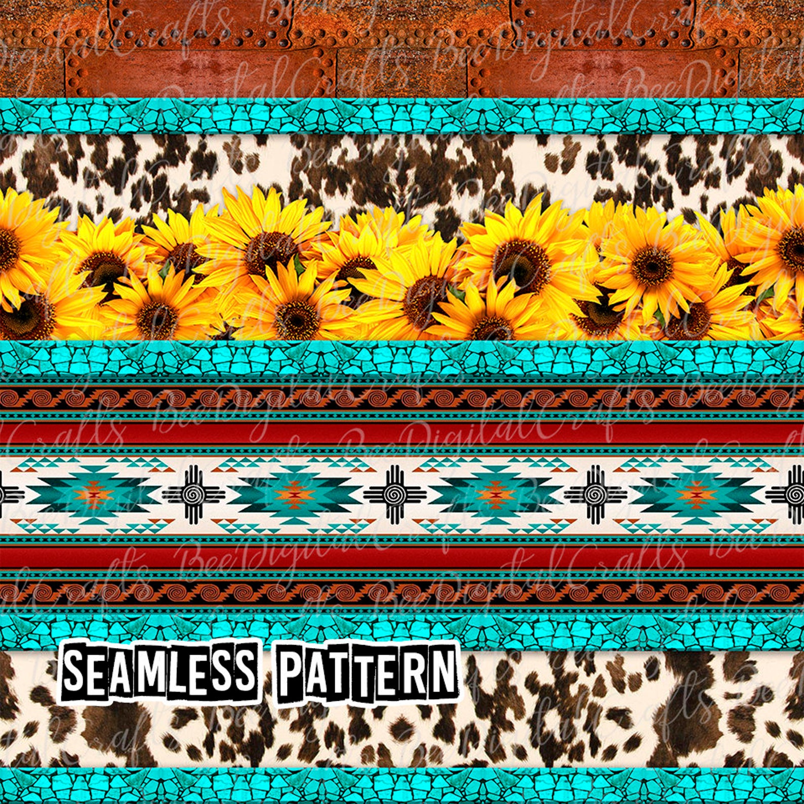 SEAMLESS pattern cowhide sunflower Western rustic digital Etsy