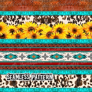 SEAMLESS pattern cowhide sunflower Western rustic digital fabric design Aztec turquoise strips printable PNG paper download