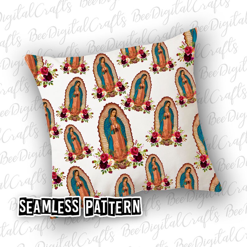 May include: A seamless pattern featuring a repeating image of Our Lady of Guadalupe, a religious figure, surrounded by red and burgundy roses. The background is white.
