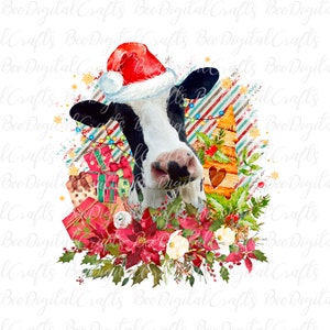 Christmas cow in hat PNG download Heifer t-shirt and mug digital design Sublimation graphics