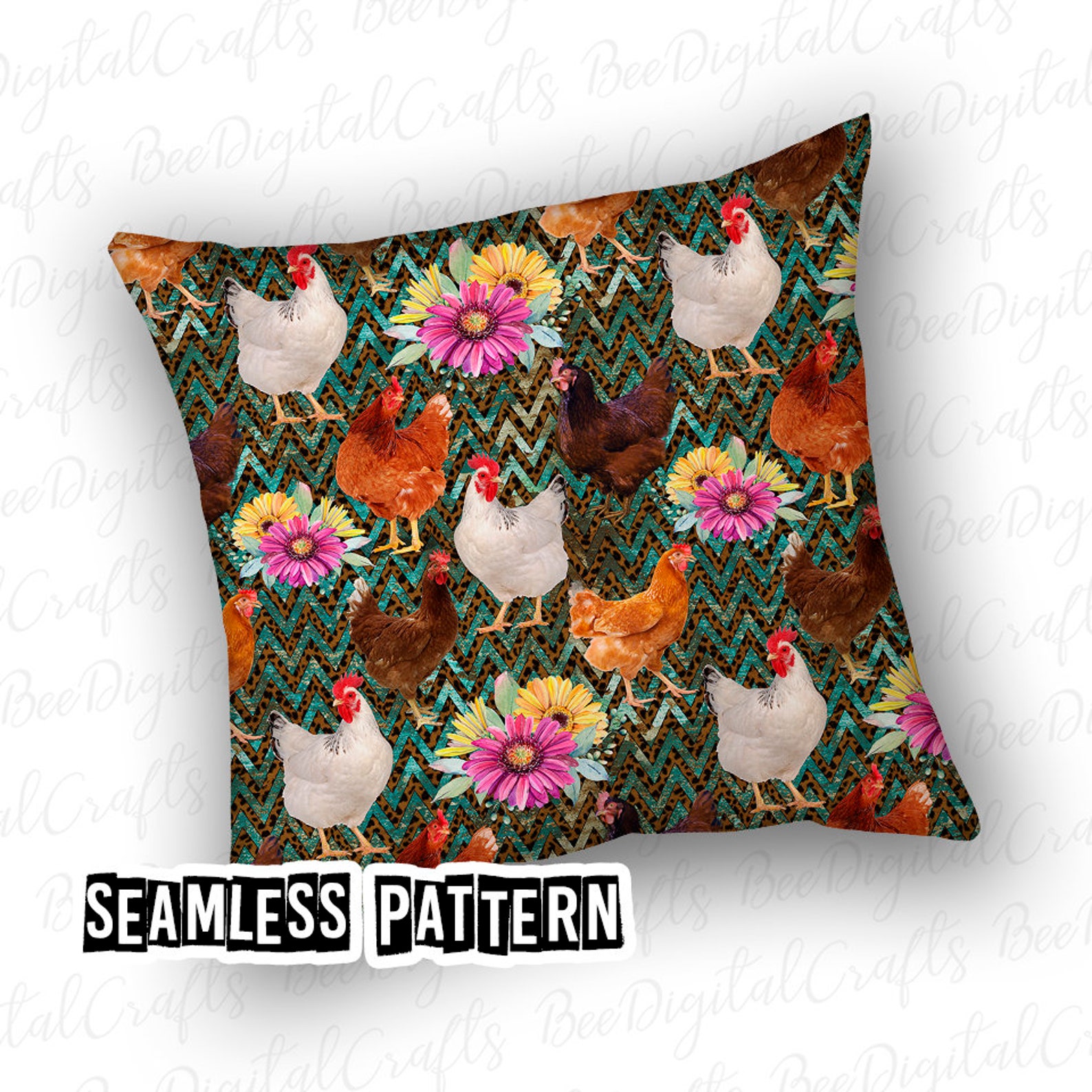 Leopard Pattern Chicken SEAMLESS Pattern Chicken With Flower Rustic Leopard Digital Fabric ...
