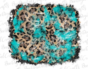 Leopard and turquoise background PNG download Western distressed frame sublimation design Printable transfer
