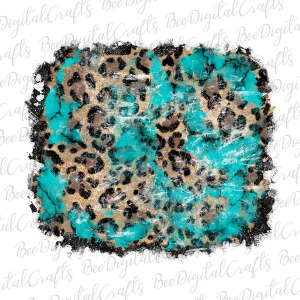 Leopard and turquoise background PNG download Western distressed frame sublimation design Printable transfer