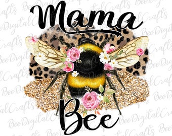 Mama Bee Sublimation Design Glitzer Leopard mit Blume PNG download Floral Bee printable transfer