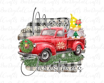 May include: A red vintage pickup truck with a white snowflake design on the side. The truck is carrying a gnome with a yellow hat and a small Christmas tree. The truck is surrounded by a black and white checkered pattern and the words "Merry Christmas" are written in black.