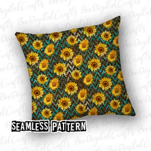 May include: Seamless pattern featuring a turquoise and brown chevron background with yellow sunflowers. The text "SEAMLESS PATTERN" is at the bottom of the image.