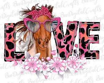 Leopard love with horse PNG download Valentine farm animal and flower sublimation design Watercolor horse printable transfer