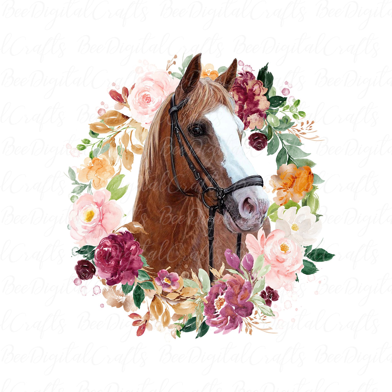 Horse With Flowers PNG Download Farm Animal in Floral Wreath - Etsy