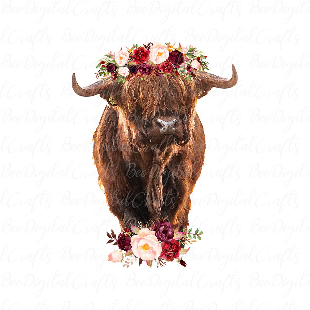 Floral Cow PNG Watercolor Sublimation Design Highland Cow PNG Download ...