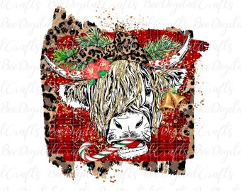 Christmas cow PNG download Highland cow sublimation design Buffalo plaid t-shirt digital design