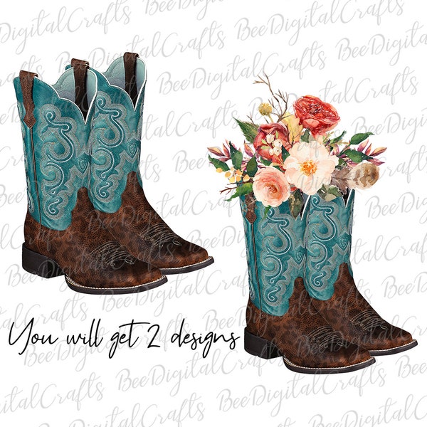 Western boots with flower PNG download Cowgirl teal and leopard boots sublimation design, 2 designs printable transfer