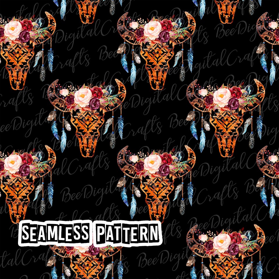 SEAMLESS Pattern Rustic Bull Skull With Flower Western Digital Fabric ...