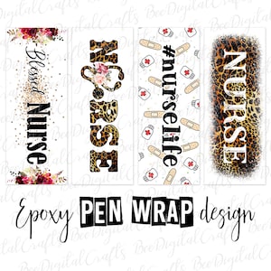 Könnte beinhalten: Vier verschiedene Designs für Epoxid-Stiftverpackungen mit dem Wort "Nurse" in verschiedenen Stilen. Die Designs umfassen ein Blumenmuster, einen Leopardenprint, ein Muster aus medizinischen Verbrauchsmaterialien und einen Leopardenprint mit Glitzer.