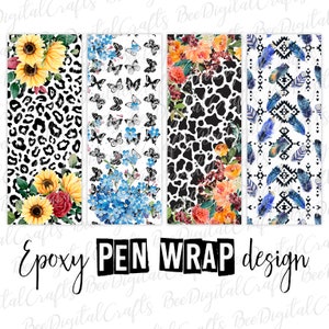 Könnte beinhalten: Vier digitale Designs für Epoxid-Stiftverpackungen. Die Designs zeigen einen schwarz-weißen Leopardenprint, einen weißen Hintergrund mit blauen Schmetterlingen und Vergissmeinnicht-Blumen, einen schwarz-weißen Kuhprint mit roten und gelben Blumen und einen weißen Hintergrund mit blauen Federn und einem geometrischen Muster. Der Text "Epoxy PEN WRAP design" befindet sich am unteren Rand des Bildes.