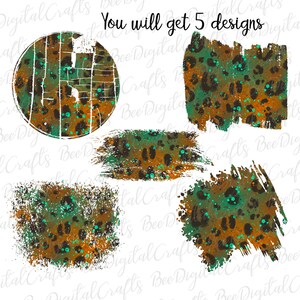 May include: Five digital designs featuring a leopard print pattern in shades of brown, green, and teal. The designs are in various shapes, including circles, rectangles, and irregular shapes.