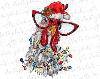 Pollo bianco di Natale con occhiali e cappello di Babbo Natale PNG download Acquerello fattoria animale sublimazione design Trasferimento stampabile