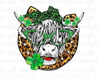 St Patrick day PNG file for sublimation Highland cow with clover sublimation design Leopard horseshoe PNG download