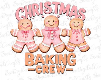 May include: Three gingerbread people with pink icing and white accents stand together. The gingerbread people are holding hands. The text "Christmas Baking Crew" is written in orange below the gingerbread people.