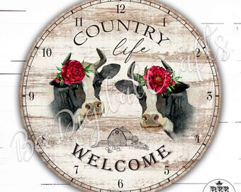 12 inch Large Printable Image, Country Style Clock Face, Welcome Country Life Decor, Vintage Cows Farmhouse Decor, Digital Collage Sheets