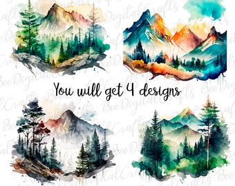 Mountain landscape BUNDLE PNG download Watercolor Nature sublimation design Adventure printable transfer