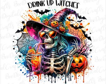 Diseño de sublimación de brujas para beber, esqueleto divertido con sombrero, calavera de Halloween, camiseta PNG espeluznante, sublimación, descarga digital