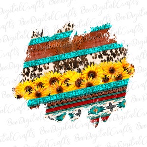 Cowhide sunflower background PNG download Western grunge frame sublimation design Aztec turquoise printable transfer