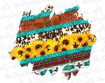 Cowhide sunflower background PNG download Western grunge frame sublimation design Aztec turquoise printable transfer